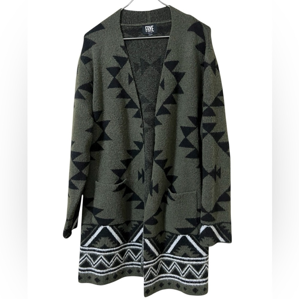 Frye geometric print Aztec green and black open front long line cardigan sweater - Picture 2 of 11